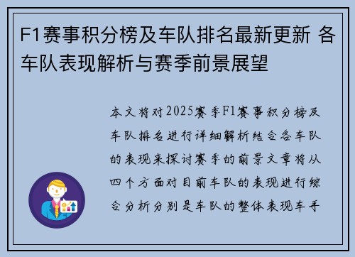F1赛事积分榜及车队排名最新更新 各车队表现解析与赛季前景展望