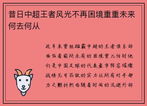 昔日中超王者风光不再困境重重未来何去何从